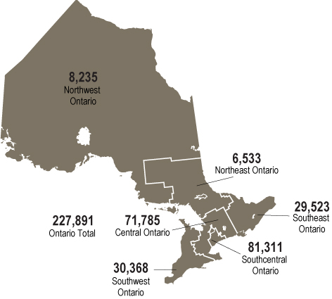 Map of Ontario showing where members are geographically distributed in the province. Long description follows.