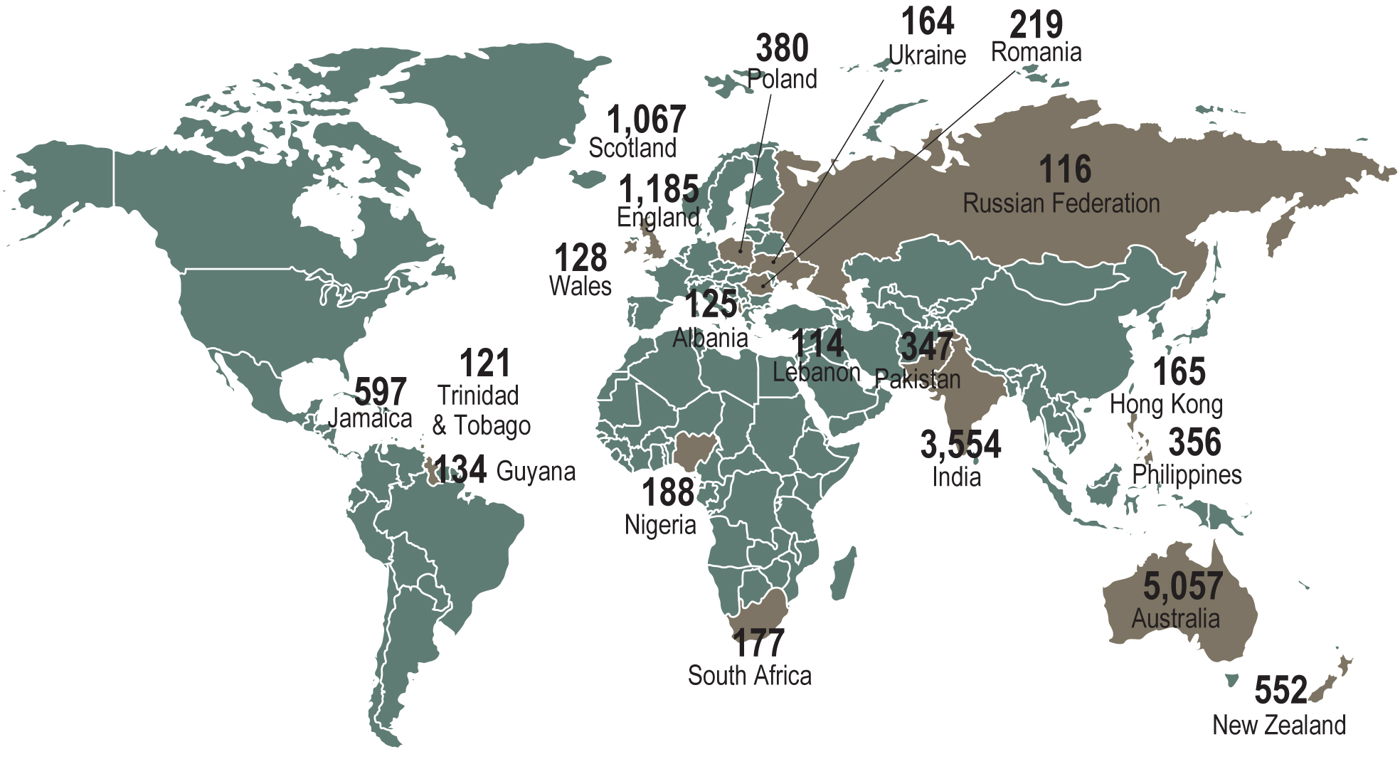 Map of the world showing the number of member by country of initial certification (excluding U.S. and Canada). Long description follows.