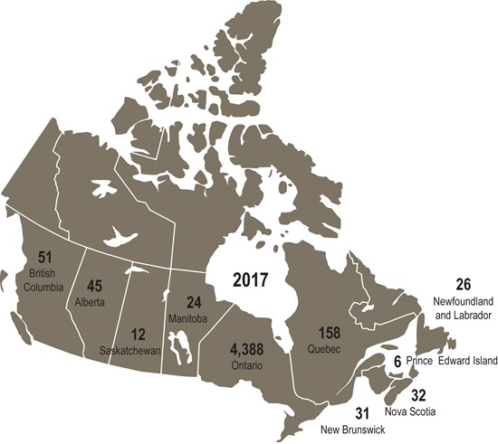 Map of Canada showing the total number of new member by province of initial certification in 2017. Long description follows.