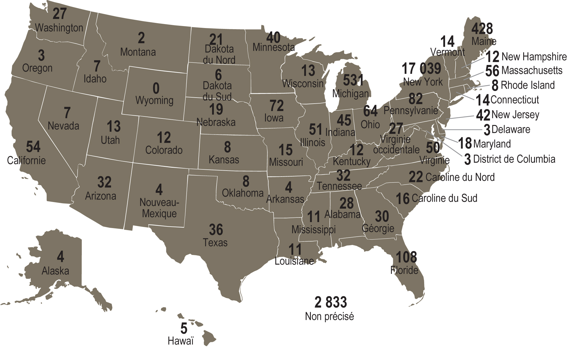 Carte des États-Unis indiquant le nombre total de membres ayant obtenu l’autorisation d’enseigner initiale, par État américain. Une description plus détaillée figure ci-après.