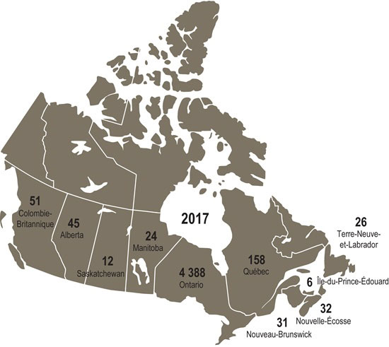 Carte du Canada indiquant le nombre total de nouveaux membres selon la province d’obtention de l’autorisation d’enseigner initiale, par année, en 2017. Une description plus détaillée figure ci-après. 