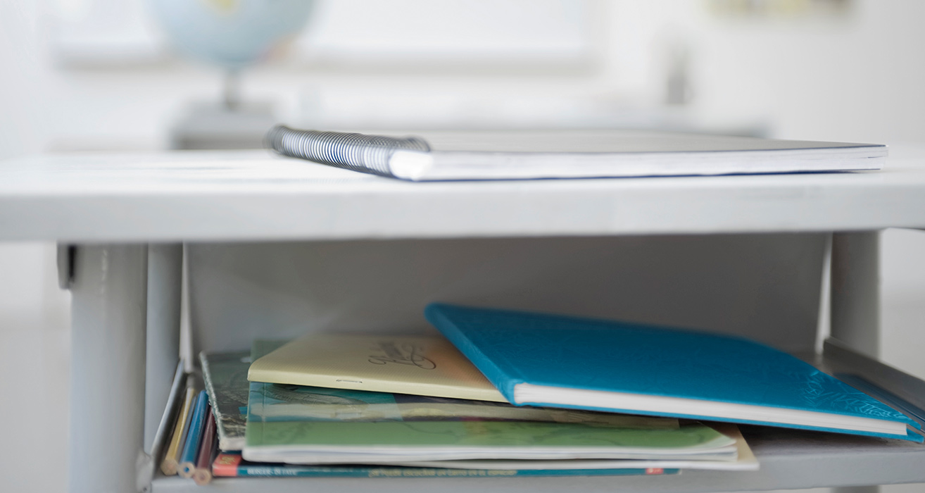 School supplies sitting on a desk.